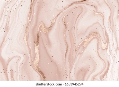 Liquid marble canvas abstract painting background with bronze dust and sparkling waves.