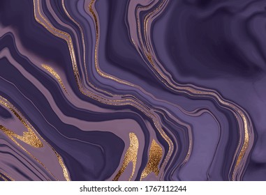 Liquid marble canvas abstract painting with gold splash.
