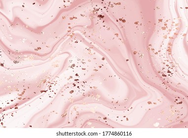 Diseño de mármol líquido de pintura abstracta con textura de polvo de oro rosa.