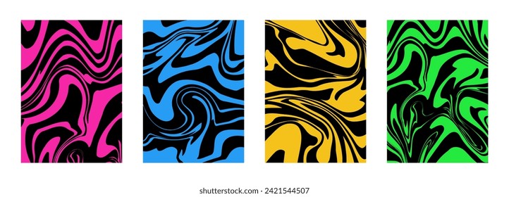 Fundas de fondo psicodélico abstracto colorido distorsionado por el mármol líquido. Patrones de groovía psicodélicos creativos vectoriales
