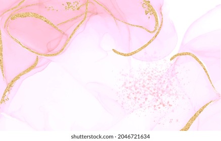 Liquid marble painting background design with gold lines and gold glitter dust texture. Pink or Rose gold foil marble decoration luxury design for wedding, invitation, web banner, greeting card.Vector