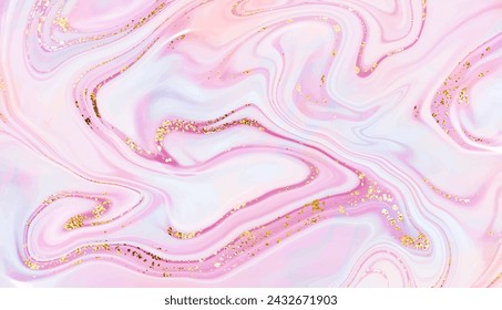 Liquid marble painting background design with smooth waves and gold glitter splatter.
