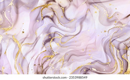 Liquid marble painting background texture with gold waves and splatter.