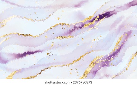 Liquid marble painting background texture design with gold waves and glitter splatter.