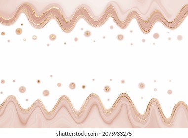 Liquid marble painting border background with gold waves and glitter confetti.