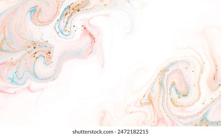 Liquid marble painting border design with smooth waves and gold sequins.
