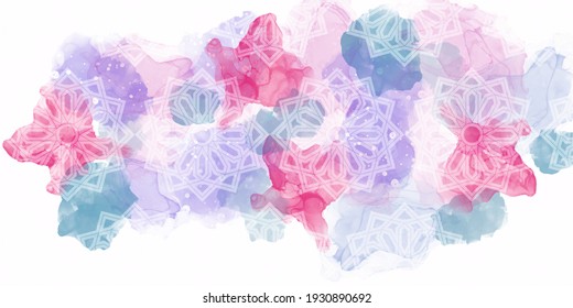 Liquid marble or splash abstract art suitable for background design of posters, cards, invitations. Layered with Islamic geometric pattern. Pastel colors. Vector illustration. Panorama, banner format.