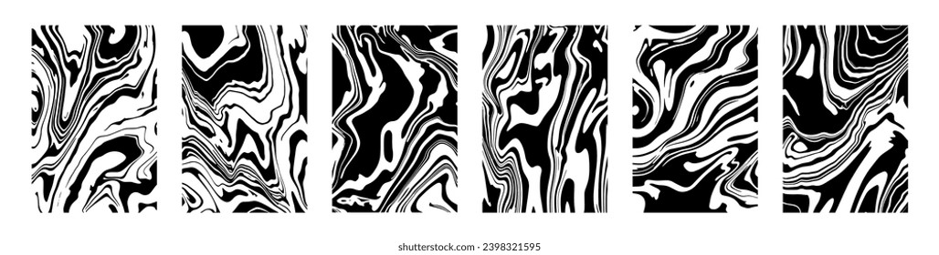 Liquid marble texture. Abstract marbled mineral pattern, fluid ink textures. Marbling trend grunge black and white prints. Wallpaper vector set. Fashionable minimalist drawing for wall