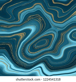 Liquid marble texture. Blue and golden glitter ink painting abstract pattern. Trendy background for wallpaper, flyer, poster, card, invitations. Modern art.
