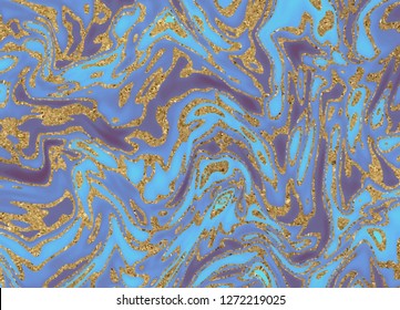 Liquid marble texture. Blue and golden glitter ink painting abstract pattern. Trendy background for wallpaper, flyer, poster, card, invitations. Modern art.
