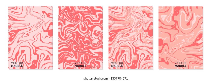 Liquid marble texture in coral. Vertical banners set with abstract background. Dynamic fluid art splash. Vector design layout for flyers, posters, business cards and invitations
