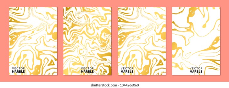 Liquid marble texture in gold. Vertical banners set with abstract background. Golden dynamic fluid art splash. Vector design layout for flyers, posters, business cards and invitations