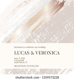 Liquid marble texture with golden shapes in boho pastel colors. Vector luxury marble wedding greeting invitation card in rose gold and grey colors