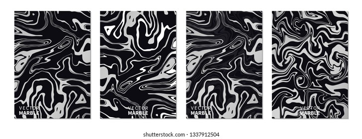 Liquid marble texture in silver. Vertical banners set with abstract background. Dynamic fluid art splash. Vector design layout for flyers, posters, business cards and invitations