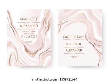 Liquid marble wave splash invitation design cards with gold texture.