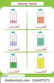 liquid measurement, measuring capacity of the cups, measuring jugs, worksheet for children, practice sheets, mathematics activities.