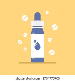 Liquid medicine bottle on orange background. Healthcare and pharmacy. Vector illustration in flat style. Medical concept