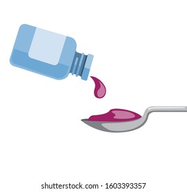 Liquid Medicine Bottle Poured Into A Spoon. Pour Liquid Medicine Into A Measuring Spoon. Health Care Graphic Resources Flat Illustration Vector