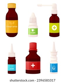 Liquid medicine set. Medicinal spray, syrup, drops. Drugs to treat illness