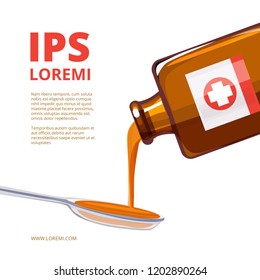 Liquid medicine in a spoon. Vector illustrations of medicine bottle. Spoon with syrup cough, medical care