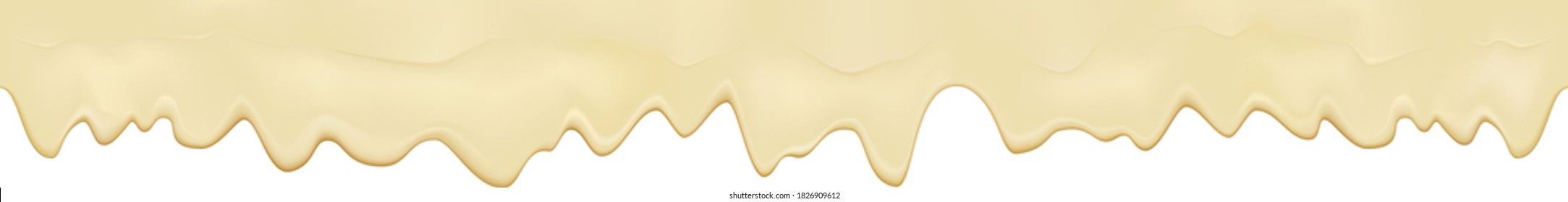 Liquid Melted Cheese White Seamless Texture. Mayonnaise Texture Isolated On White Background. Cream Pouring Border. Vector Realistic Illustration.