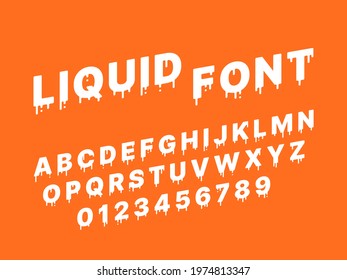 Liquid melting font. Flowing down diagonal white alphabet, milky letters and numbers, splashes and drops streaming typography. Fused deformation, topping lettering. Vector isolated set