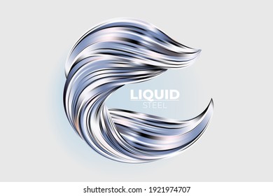 Liquid metal abstract 3d vector design element. Shiny silver fluid flow, mercury swirl illustration. Molted aluminum, precious alloy splash. Metallic paint wave