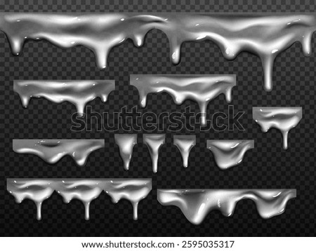 Liquid metal drips set isolated on transparent background. Vector realistic illustration of melting silver splash pattern, shiny chrome fluid with drops, mercury texture, grey slime border decoration