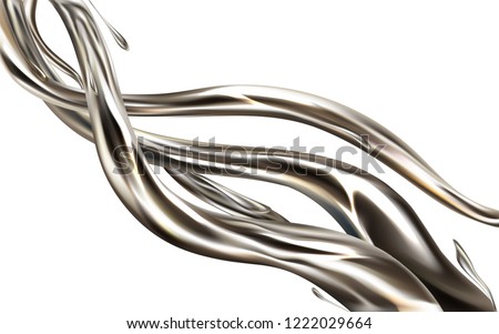 Liquid metal jet realistic 3d vector design element isolated on white background. Shiny silver fluid flow, mercury swirl illustration. Molted aluminum, precious alloy splash. Metallic paint splatters