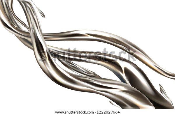白い背景に液体金属ジェットのリアルな3dベクター画像デザインエレメント 光る銀色の流体の流れ 水銀の渦のイラスト アルミニウム 貴金スプラッシュ 金属ペイントスプラッタ のベクター画像素材 ロイヤリティフリー