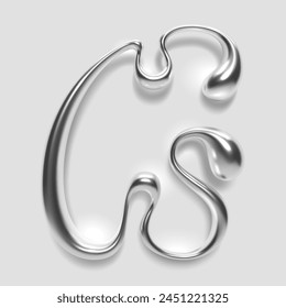 Liquid metal letter G with a fluid droplet shape and glossy finish, Y2K chrome style isolated on a white background. 3D typography for retro futuristic design