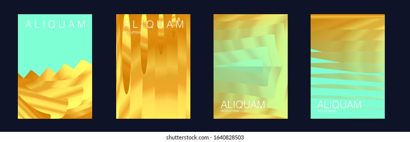 Liquid Metallic Texture Layout. Minimal Geometric Illustrations. Light and Stylish Luxury Brochures. Gold Vector Background. Cosmic Design Business Template. 1990 Golden Iridescent Set of Covers.