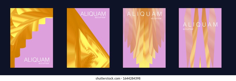 Liquid Metallic Texture Layout. Minimal Geometric Illustrations. 1990 Golden Iridescent Set of Covers. Light and Stylish Luxury Brochures. Cosmic Design Business Template. Gold Vector Background.