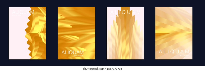 Liquid Metallic Texture Layout. Minimal Geometric Illustrations. Cosmic Design Business Template. 1990 Golden Iridescent Set of Covers. Light and Stylish Luxury Brochures. Gold Vector Background.