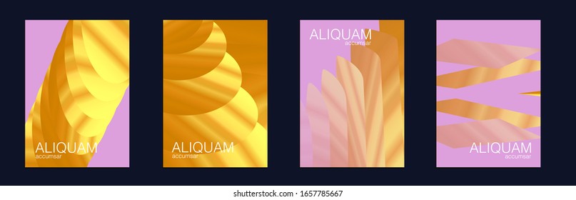 Liquid Metallic Texture Layout. Minimal Geometric Illustrations. Gold Vector Background. 1990 Golden Iridescent Set of Covers. Light and Stylish Luxury Brochures. Cosmic Design Business Template.