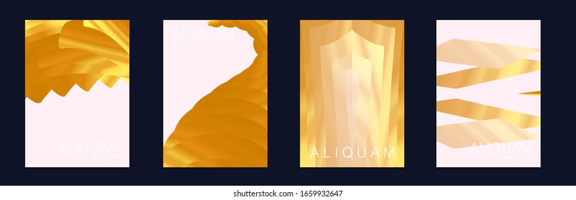  Diseño de textura metálica líquida. Ilustraciones geométricas mínimas.1990 Juego de Tapas Rioidales Irlandeses.Plantilla de negocio de diseño cósmico. Folletos de lujo livianos y elegantes. Fondo del vector dorado.