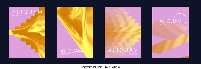 Liquid Metallic Texture Layout. Minimal Geometric Illustrations. Cosmic Design Business Template. Light and Stylish Luxury Brochures. Gold Vector Background. 1990 Golden Iridescent Set of Covers.