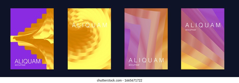 Liquid Metallic Texture Layout. Minimal Geometric Illustrations. 1990 Golden Iridescent Set of Covers. Gold Vector Background. Light and Stylish Luxury Brochures. Cosmic Design Business Template.