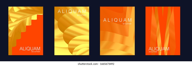 Liquid Metallic Texture Layout. Minimal Geometric Illustrations. Cosmic Design Business Template. 1990 Golden Iridescent Set of Covers. Gold Vector Background. Light and Stylish Luxury Brochures.