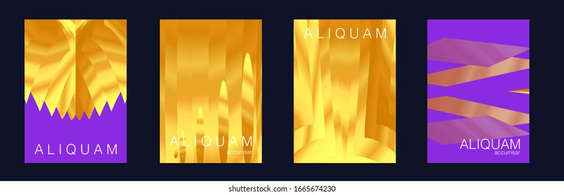 Liquid Metallic Texture Layout. Minimal Geometric Illustrations. 1990 Golden Iridescent Set of Covers. Cosmic Design Business Template. Gold Vector Background. Light and Stylish Luxury Brochures.