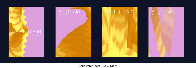  Diseño de textura metálica líquida. Ilustraciones geométricas mínimas. Folletos de lujo livianos y elegantes.Plantilla de negocio de diseño cósmico. 1990 Juego de Tapas Rioidales Irlandeses. Fondo del vector dorado.