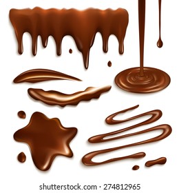 Liquid milk chocolate drops and splashes decorative elements set isolated vector illustration