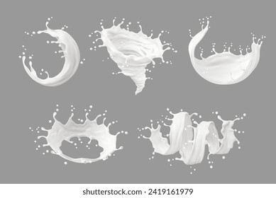 Flüssige Milchcreme oder Jogurt-weißer Splash. Realistische Wirbelsäulen, Tornado und Corona-Flüsse mit Tropfen und Wellen, Vektorgrafikgetränk 3D oder Agrarnahrungsmittel. Einzige Milchkreisläufe mit Rippeln