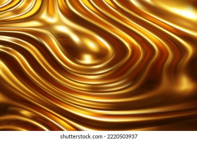 Liquid molten gold metal abstract wavy background with light reflects. Wallpaper with glossy soft silk with waves. Elegant luxury vector illustration made with gradient mesh. Flowing smooth fabric