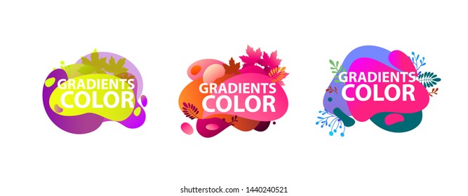 Liquid multicolored abstract elements set. Dynamical colored forms and lines. Flowing liquid shapes banners with leaves. Template for design of logo, flyer, presentation, vector illustration