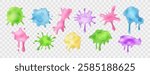 Liquid multicolored slime blots set. Realistic slimy stains with dripping drops. Various shapes of sticky, toxic mucus. Isolated abstract textures. Transparent alien splashes, jelly, gelatin. Vector.