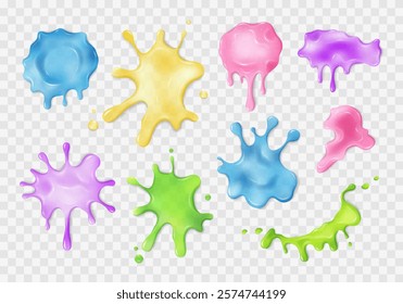 Liquid multicolored slime blots set. Realistic slimy stains with drops. Different shapes of sticky dripping toxic mucus. Isolated abstract textures. Transparent alien splashes, jelly, gelatin. Vector.