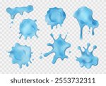 Liquid neon blue slime blots set. Slimy stains with drops. Different shapes of sticky dripping mucus. Isolated abstract textures. Toxic alien splashes, jelly, gelatin. Transparent vector elements.