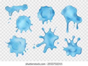 Liquid neon blue slime blots set. Slimy stains with drops. Different shapes of sticky dripping mucus. Isolated abstract textures. Toxic alien splashes, jelly, gelatin. Transparent vector elements.