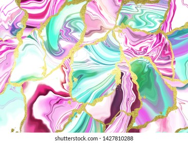Liquid neon color Marble texture background, vector. Fluid art, acrylic painting with gold splashes
